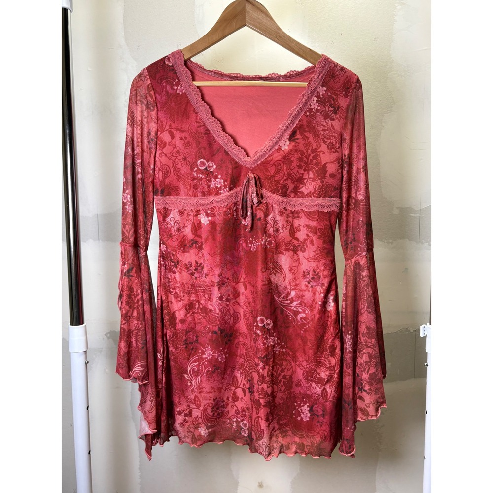 SHEIN Red Floral Paisley Mesh Y2K Fairycore Bell Sleeve V-Neck Top Size Medium
